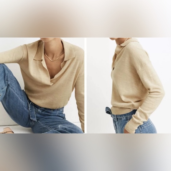 Madewell 100% Merino Wool Polo Sweater Pullover Long Sleeve Beige - Picture 2 of 4